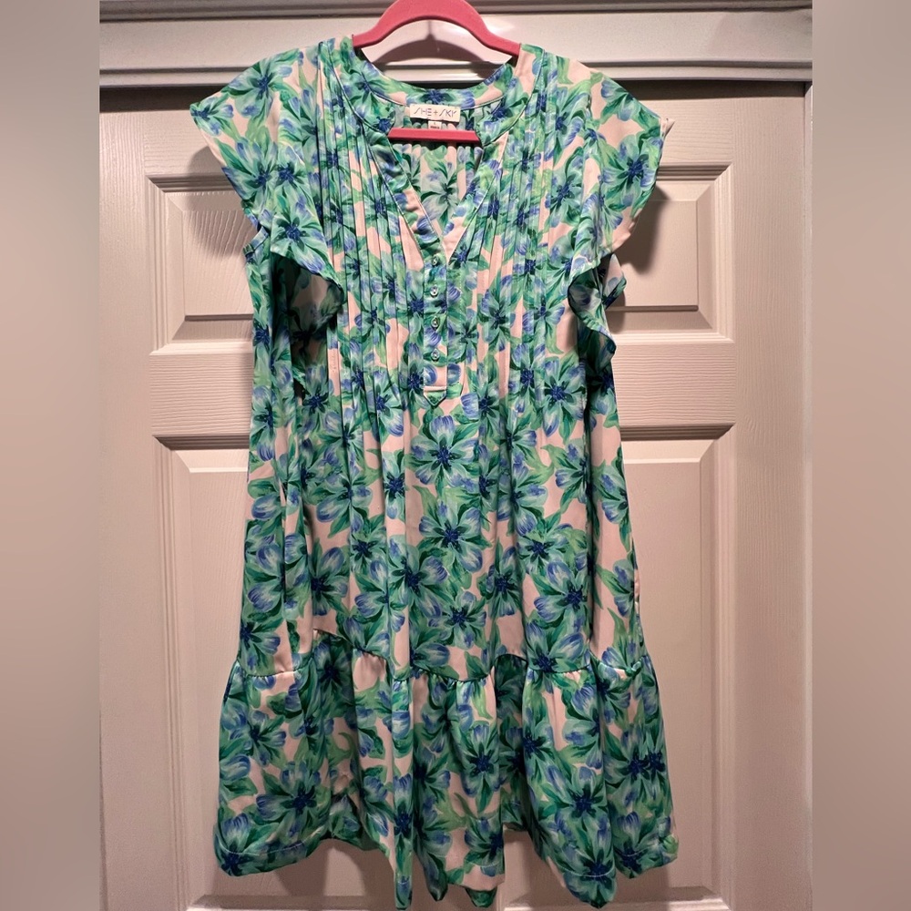 Pretty Women’s Summer Dress Blue Green Floral Pattern Size L